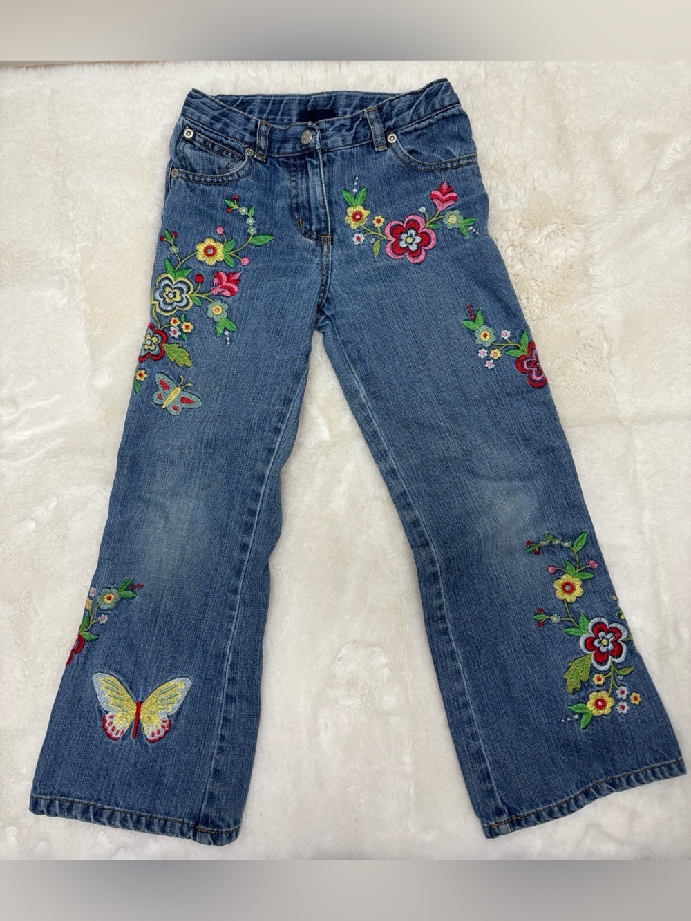 Mini Boden Girls Blue Embroidered Floral Butterfly Boho Denim Jeans  Sz 7-8 Y